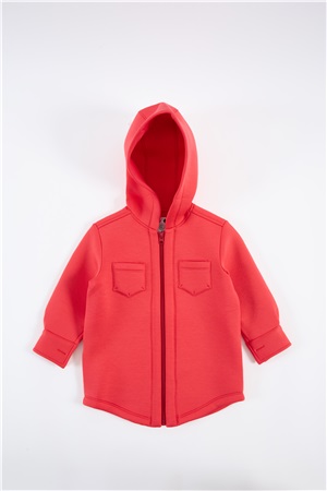 Shirt jacket with hood in red color
