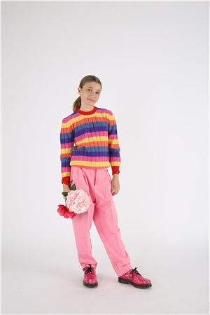 Crew neck long-sleeve multicolor striped  pink orange